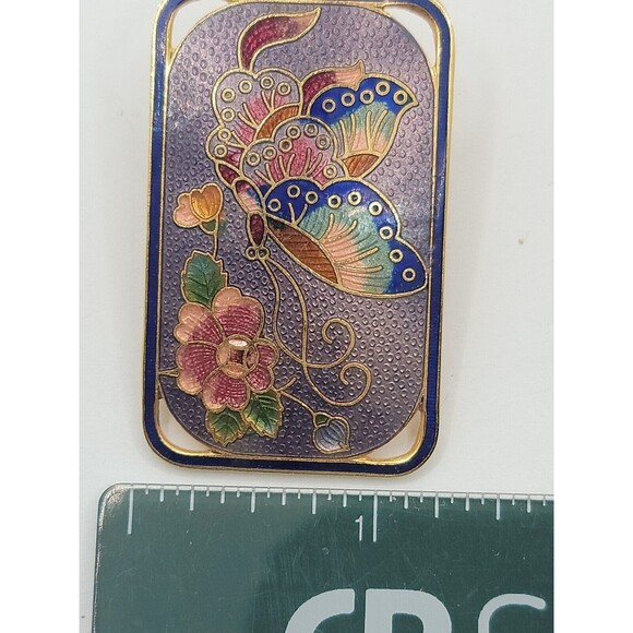 Vintage Cloisonne Enamel Butterfly & Flower Brooch Gold Tone Red Blue Bolo Tie - Picture 7 of 7